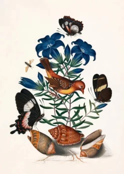 YELLOW BIRD, BUTTERFLIES & BLUE FLOWER